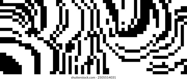 Pixelated curved wavy texture. Black dithered bent lines background. Digitalized warped stripes for banner, poster, flyer, brochure, booklet. Abstract rasterized squiggle overlay wallpaper. Vector