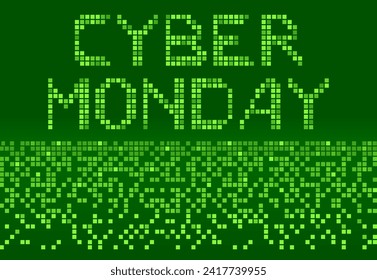 Pixelated cyber Monday green background. Scattered data pixels. Technology and online shopping offer. Horizontal composition.