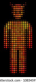 Pixelated daemon icon. Bright pictogram in hot color tones on a black background. Vector halftone collage of daemon pictogram made with spheric dots.
