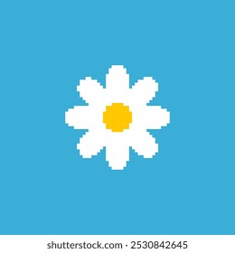 Pixelated daisy flower illustration. Simple pixel art of a white daisy blue background