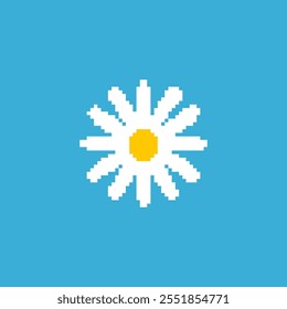Pixelated daisy flower illustration. Simple pixel art of a white daisy blue background