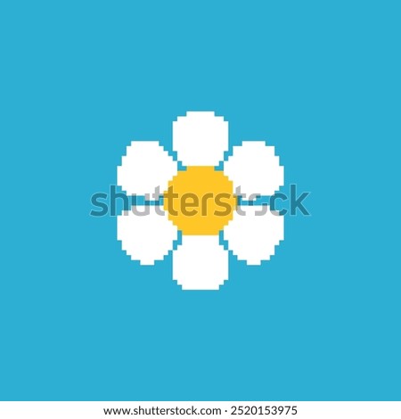 Pixelated daisy flower illustration. Simple pixel art of a white daisy blue background