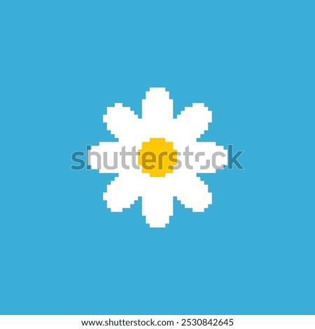 Pixelated daisy flower illustration. Simple pixel art of a white daisy blue background