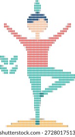 Pixelated dancer in coral and teal performing ballet pose on white background pixel art