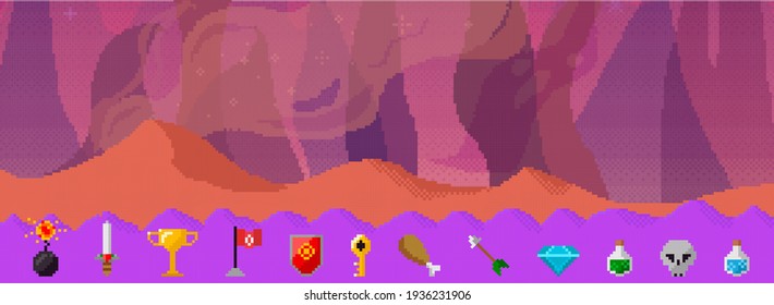 Pixelated dark alien street with colored items found during game in ground. Gaming about space