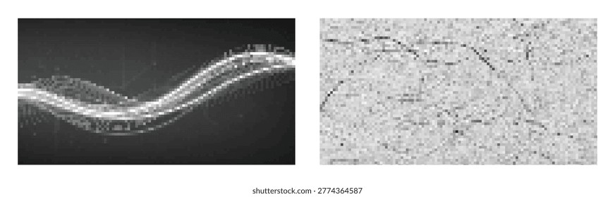 Pixelated data visualization featuring distorted signal paths and grainy atmosphere effect.