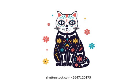 A Pixelated Day of the Dead Cat with Floral and Skeletal Decorations