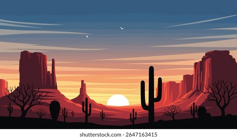 Paisagem do Deserto Pixelizada ao Pôr do Sol com Cactos e Mesas
