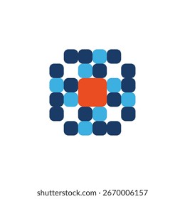 Pixelated design with blue and orange squares forming a circular abstract shape.