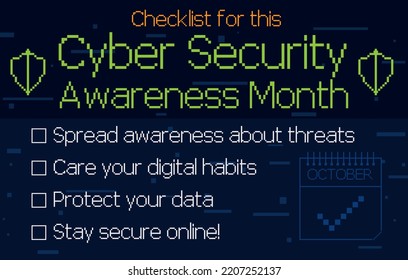 Diseño pixelado con escudo, calendario, símbolos y lista de verificación para uso durante el Mes de Concienciación sobre Seguridad Cibernética en octubre.