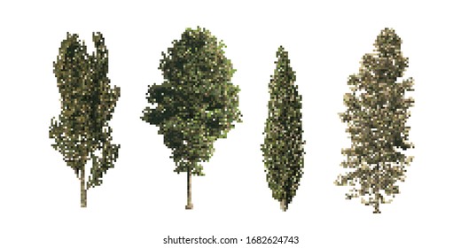 Pixelated Diferent trees set. Pixel Art Vector illustration. Isolated on white background.
