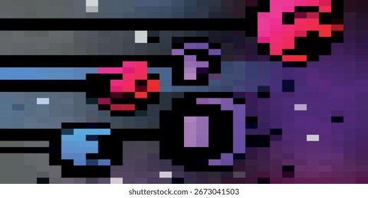 Arte digital pixelado con orbes y líneas de colores sobre un fondo degradado.