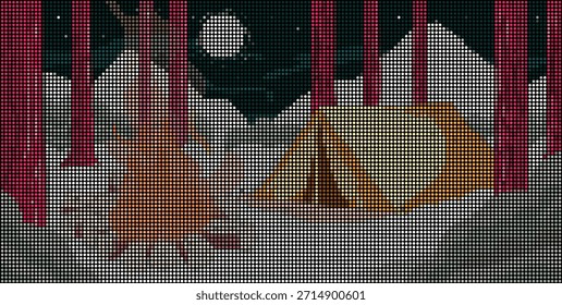 Pixelated digital artwork depicts a spooky night camping scene with a tent under a dark sky, suggesting horror or retro video game aesthetics.