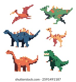 Pixelated dinosaurs vector cartoon set isolated on a white background.
