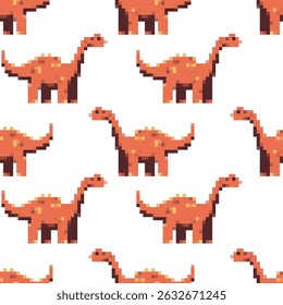 Pixelated diplodocus dinosaur vector cartoon seamless pattern on a white background.