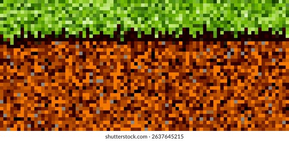  Pixelated dirt and grass block background in 8-bit video game style. Retro terrain texture inspired by pixel art game graphics.