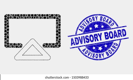 Pixelated display mosaic icon and Advisory Board seal stamp. Blue vector round grunge seal with Advisory Board phrase. Vector collage in flat style. Black isolated display illustration of random dots,