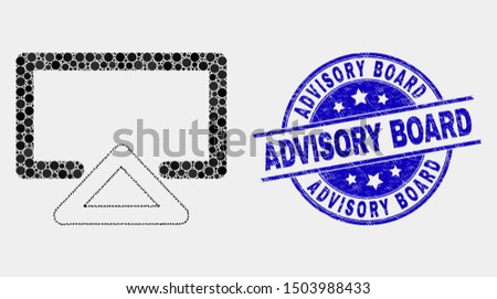 Pixelated display mosaic icon and Advisory Board seal stamp. Blue vector round grunge seal with Advisory Board phrase. Vector collage in flat style. Black isolated display illustration of random dots,