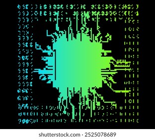 Imagen pixelada y distorsionada de un circuito en vivos colores verde neón. Concepto relacionado con la inteligencia artificial y las tecnologías digitales.