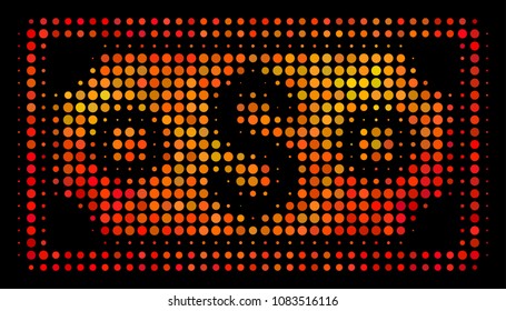 Pixelated dollar banknote icon. Bright pictogram in hot color variations on a black background. Vector halftone composition of dollar banknote symbol created of round dots.