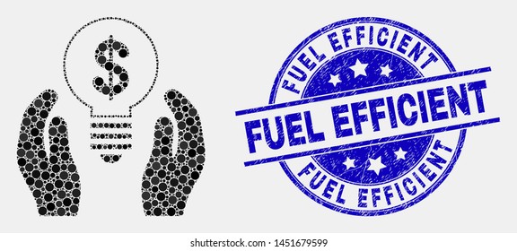 Pixelated dollar bulb care hands mosaic icon and Fuel Efficient stamp. Blue vector round distress stamp with Fuel Efficient text. Vector composition in flat style.