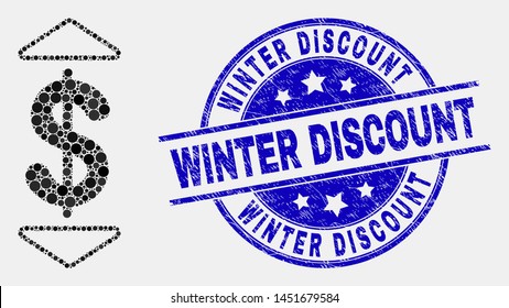 Pixelated dollar up down mosaic icon and Winter Discount seal stamp. Blue vector rounded grunge stamp with Winter Discount text. Vector collage in flat style.