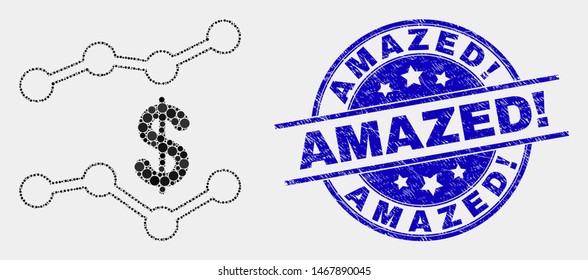 Pixelated dollar trend charts mosaic pictogram and Amazed exclamation seal. Blue vector rounded textured seal stamp with Amazed exclamation message. Vector composition in flat style.