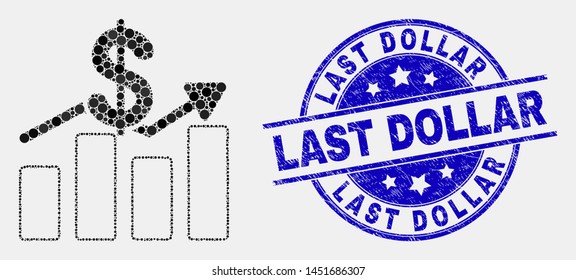 Pixelated dollar trends mosaic icon and Last Dollar seal stamp. Blue vector round distress seal with Last Dollar message. Vector composition in flat style.