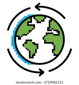 Globo de tierra pixelado con flechas circulares circundantes que indican rotación o movimiento global en un estilo gráfico simple