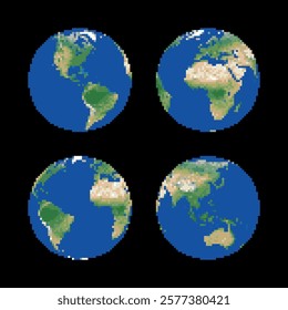 Pixelated Earth globe. World map low-resolution vector set. Planet in retro gaming pixel art style.