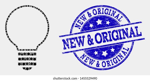 Pixelated electric bulb mosaic icon and New & Original seal stamp. Blue vector round scratched watermark with New & Original phrase. Vector collage in flat style.