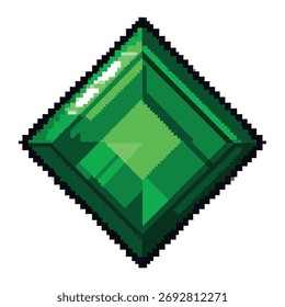 Uma joia esmeralda pixelada com vários tons de contornos verdes e pretos.