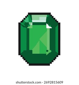 Una piedra preciosa esmeralda pixelada, representada en un tono verde vibrante, con facetas afiladas y una superficie pulida, sobre un fondo blanco limpio.