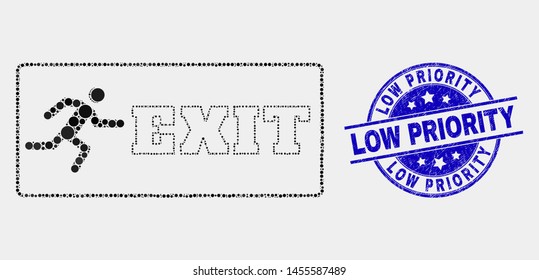 Pixelated emergency exit mosaic icon and Low Priority watermark. Blue vector rounded textured watermark with Low Priority text. Vector combination in flat style.