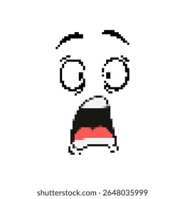 Pixelated emoji face shows surprise with wide eyes and open mouth. evokes shock and amazement.