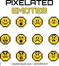 Pixelated emotes with different emotions for designs, illustrations and videogames.