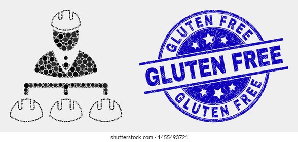 Pixelated engineer hierarchy mosaic pictogram and Gluten Free stamp. Blue vector rounded distress stamp with Gluten Free phrase. Vector collage in flat style.