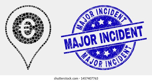 Pixelated euro map marker mosaic icon and Major Incident seal. Blue vector round grunge seal stamp with Major Incident caption. Vector collage in flat style.