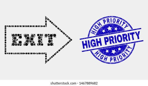 Pixelated exit arrow mosaic pictogram and High Priority seal stamp. Blue vector round grunge seal stamp with High Priority phrase. Vector collage in flat style.