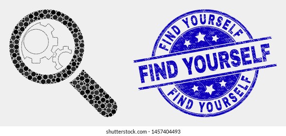 Pixelated explore gears mosaic icon and Find Yourself watermark. Blue vector rounded scratched watermark with Find Yourself title. Vector combination in flat style.