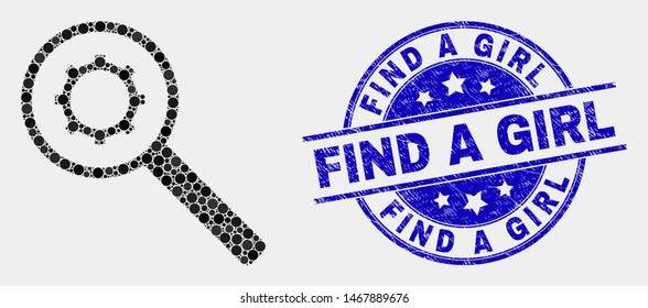 Pixelated explore gears mosaic icon and Find a Girl stamp. Blue vector rounded textured seal stamp with Find a Girl text. Vector collage in flat style.