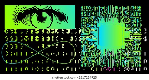 Pixelated eye and infinity symbol in a lime green outline. Abstract artwork in black and turquoise colors representing the theme of modern technology. 