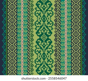 Pixelated fabric pattern Bright green pixel style, retro, ethnic, abstract, for decorating fabrics, backgrounds, clothes, carpets, curtains, cards or as desired.