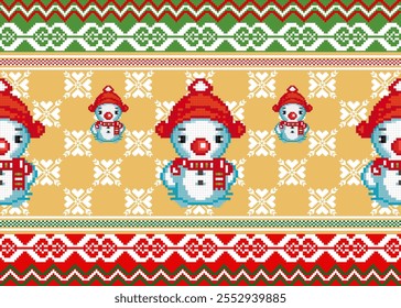 Padrão de tecido pixelado, estilo de Natal, boneco de neve de gelo, fundo vermelho, para tecido de decoração, camisas, cortinas, cartões de saudação, papel de embrulho de presente, têxteis.