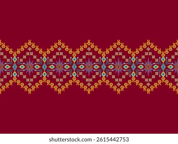Pixelated fabric pattern vector with zigzag lines on the horizontal center, geometric patterns, stars and small nagas on a red background.

