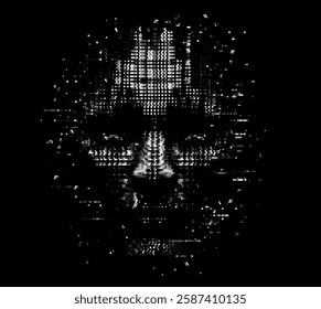 Pixelated face emerges from a dark background in this vector illustration. The glitch effect conveys a digital, mysterious, and tech-driven atmosphere, symbolizing hacking and cyber presence.