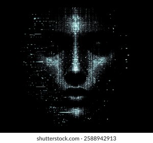 Pixelated face emerges from a dark background in this vector illustration. The glitch effect conveys a digital, mysterious, and tech-driven atmosphere, symbolizing hacking and cyber presence.