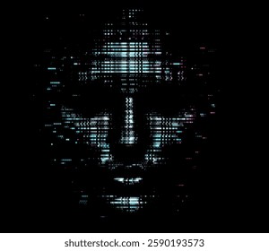 Pixelated face emerges from a dark background in this vector illustration. The glitch effect conveys a digital, mysterious, and tech-driven atmosphere, symbolizing hacking and cyber presence.