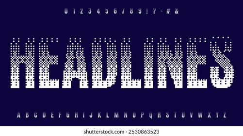 Alfabeto de fundido pixelado, letras glitchy halftone, tipografía Y2K para volantes de fiesta EDM, carteles de club, logotipos de Dj, titulares de juegos de arcade de los años 90, Anuncios digitales vibrantes. fuente de Vector