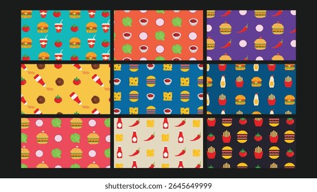 Pixelated fast food icons including burgers, soda cups, fries, and condiments on colorful backgrounds, ideal for food-themed digital or packaging designs.